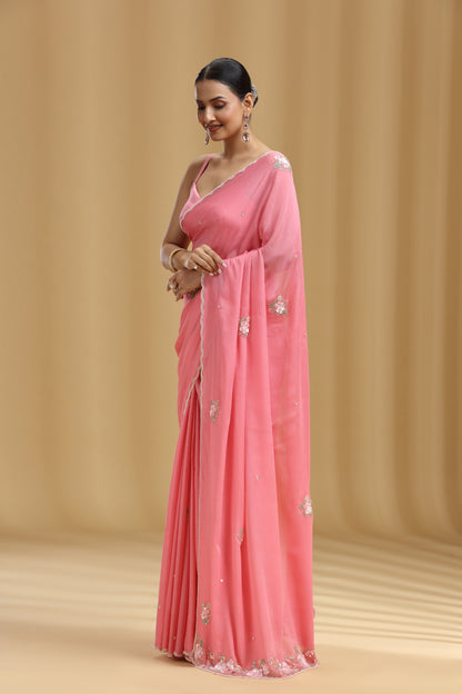 Pink Chinnon Saree with Moti, Sequins, Cutdana, Pearls, Stone & Tikki Work (Unstitched)