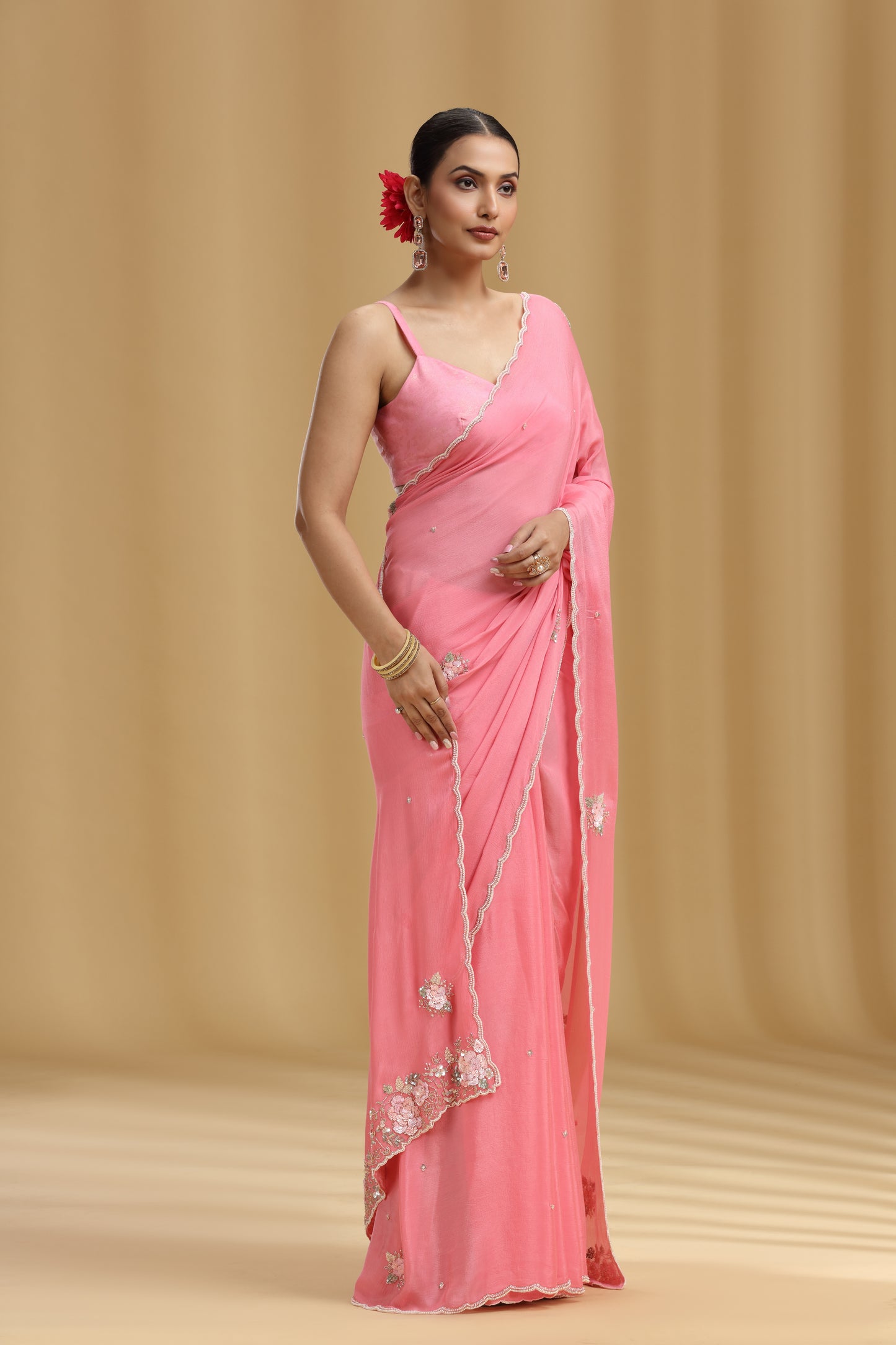 Pink Chinnon Saree with Moti, Sequins, Cutdana, Pearls, Stone & Tikki Work (Unstitched)