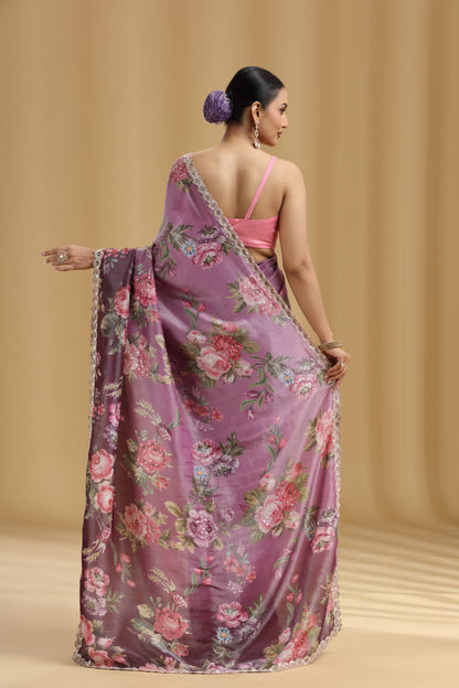 Wine Tissue Saree with Sequins & Cutdana Work (Unstitched)