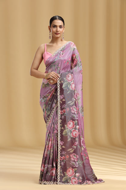 Wine Tissue Saree with Sequins & Cutdana Work (Unstitched)