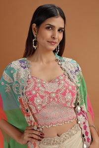 Woman wearing a traditional embroidered blouse with a colorful dupatta against a brown background