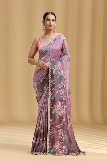 Wine Tissue Saree with Sequins & Cutdana Work (Unstitched)