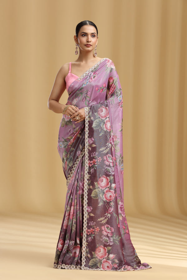 Wine Tissue Saree with Sequins & Cutdana Work (Unstitched)