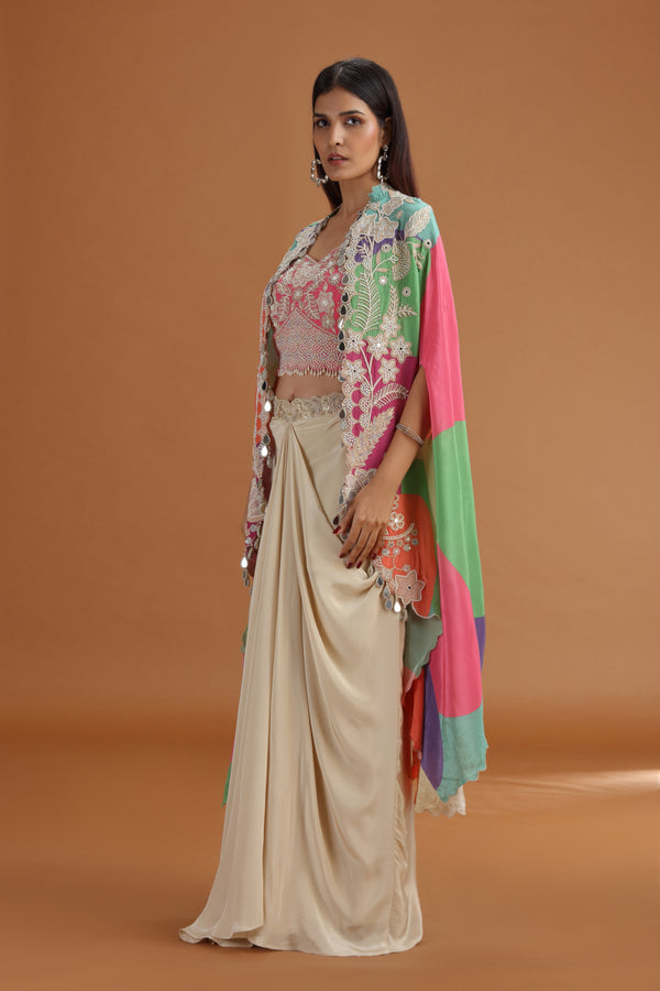 Pink Crepe Suit Set with Multi-Color Dupatta & Hand Work