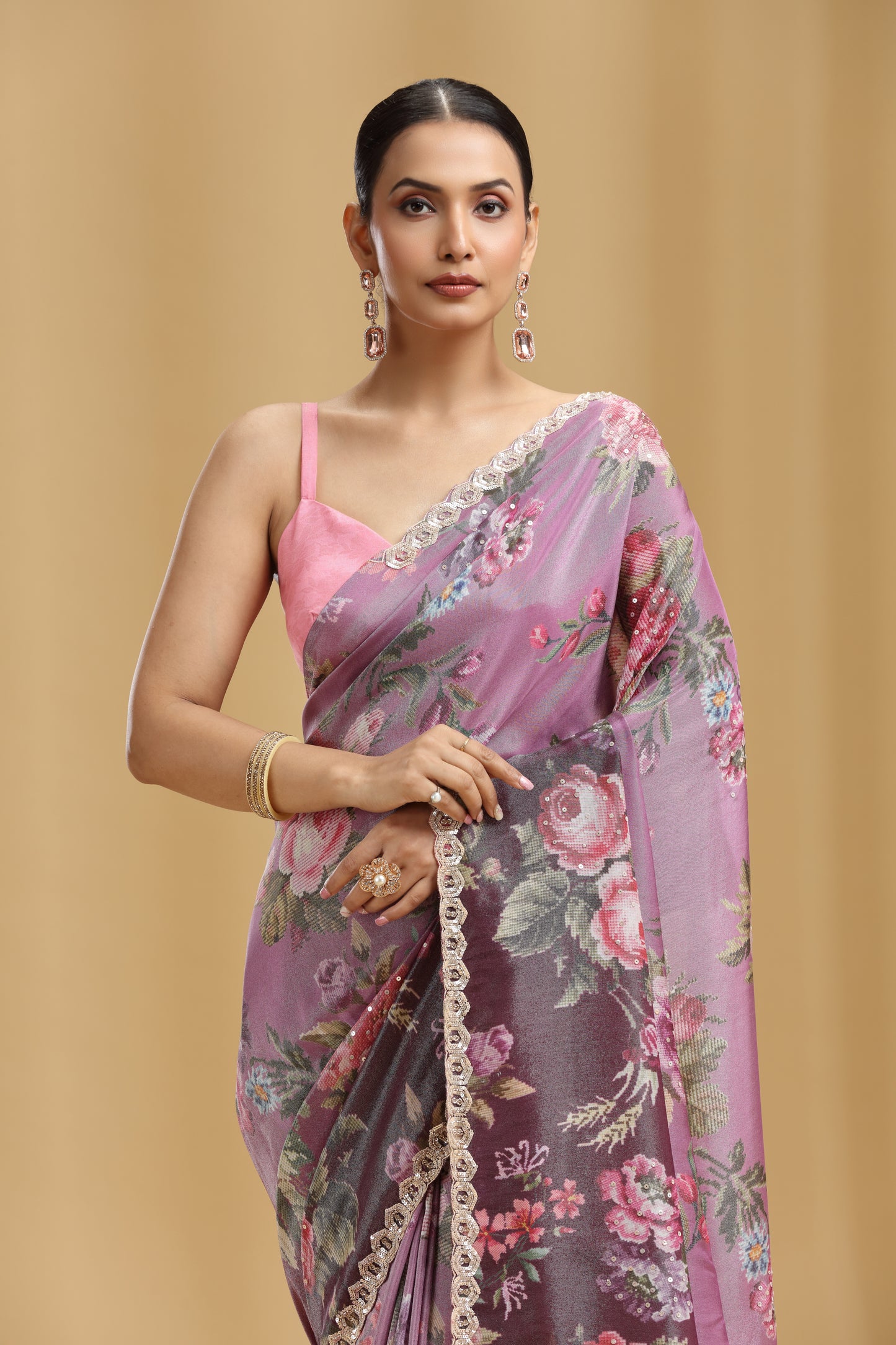 Wine Tissue Saree with Sequins & Cutdana Work (Unstitched)