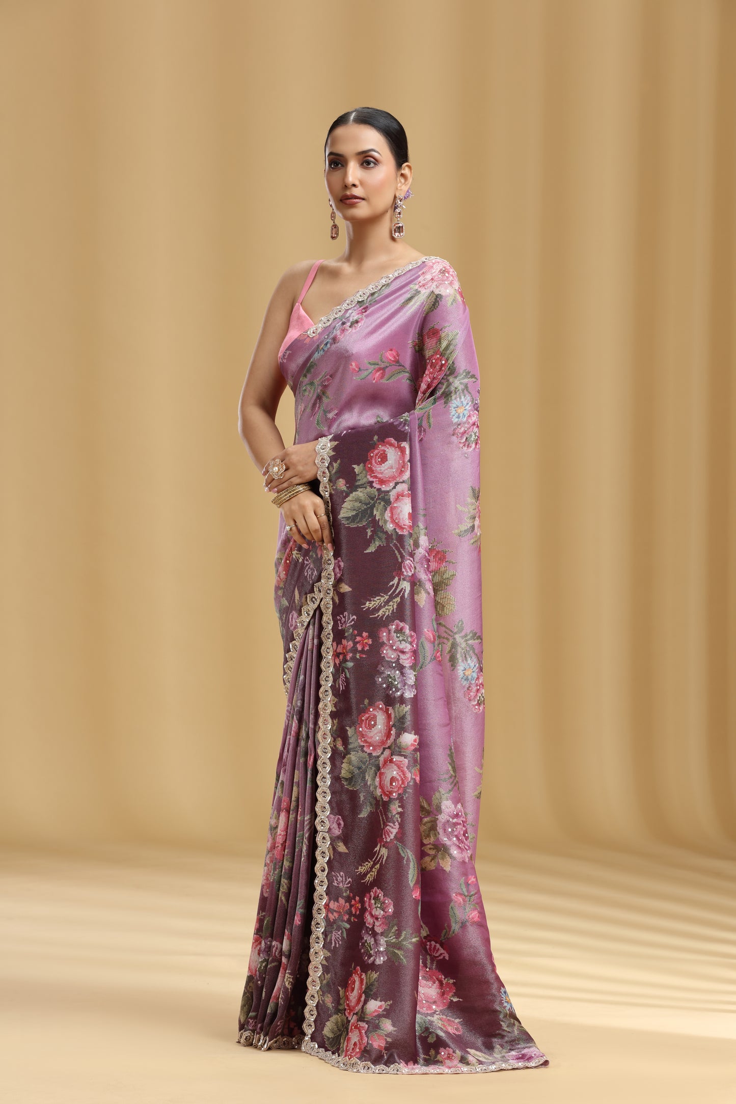 Wine Tissue Saree with Sequins & Cutdana Work (Unstitched)