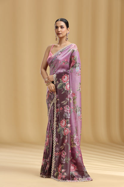 Wine Tissue Saree with Sequins & Cutdana Work (Unstitched)