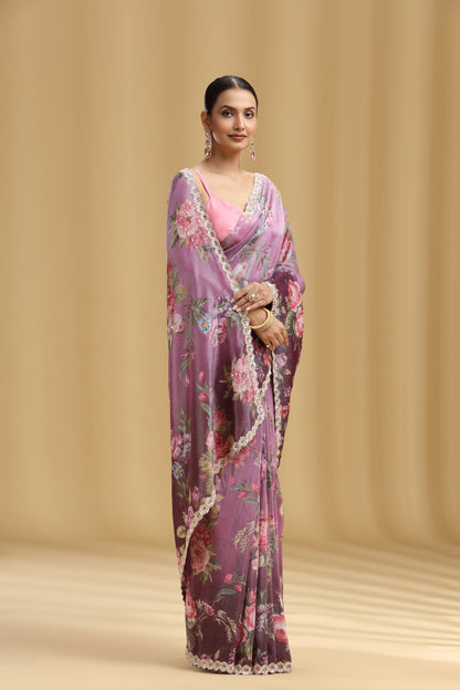 Wine Tissue Saree with Sequins & Cutdana Work (Unstitched)