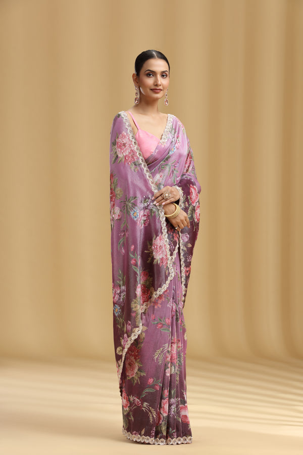 Wine Tissue Saree with Sequins & Cutdana Work (Unstitched)