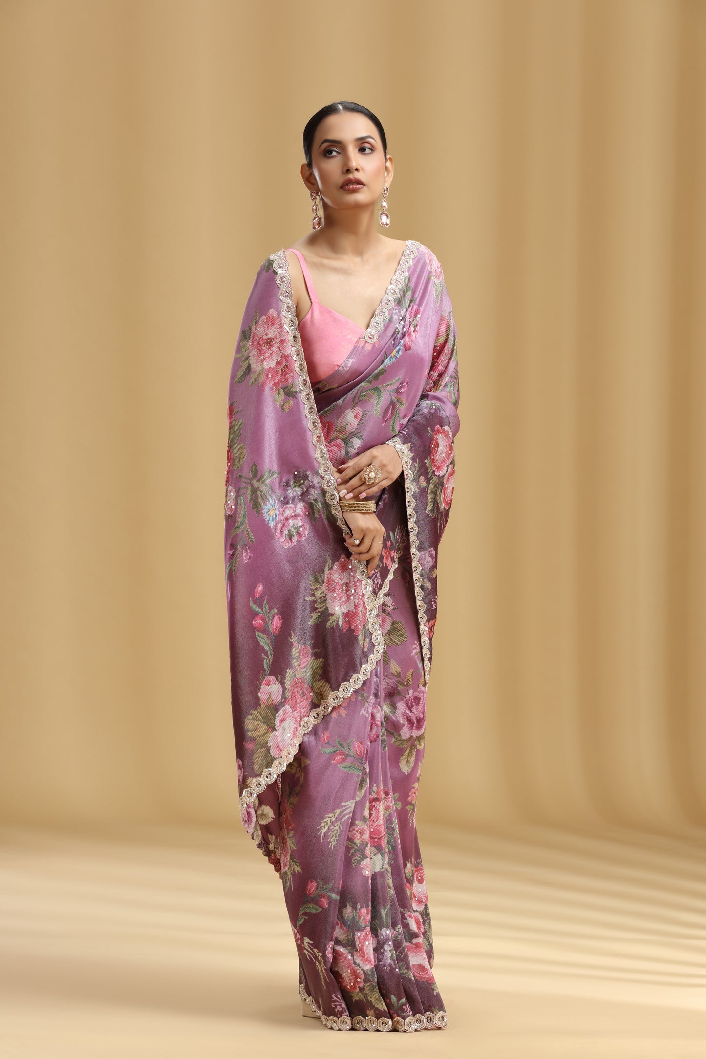 Wine Tissue Saree with Sequins & Cutdana Work (Unstitched)