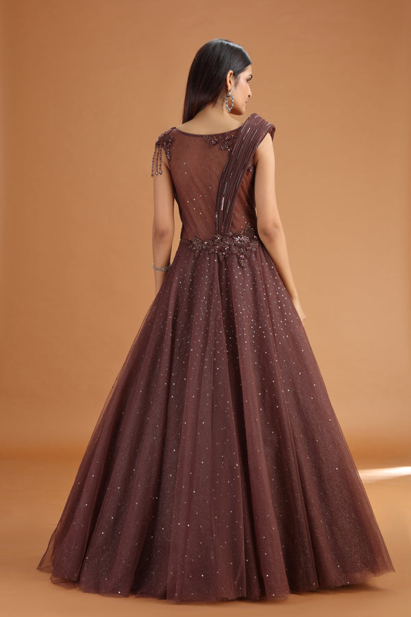 Brown Net Gown with Sequins, Cutdana & Stone Embellishments