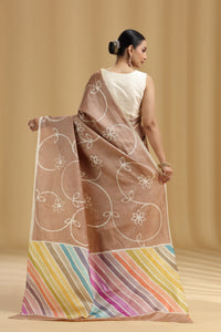 Light Brown Dola Silk Saree with Multicolour Leheriya Blouse (Unstitched)