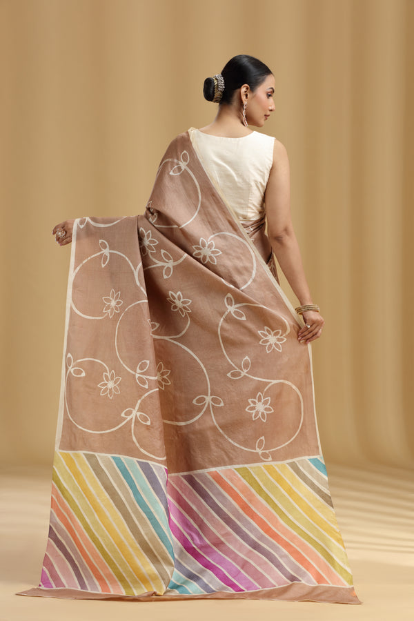 Light Brown Dola Silk Saree with Multicolour Leheriya Blouse (Unstitched)