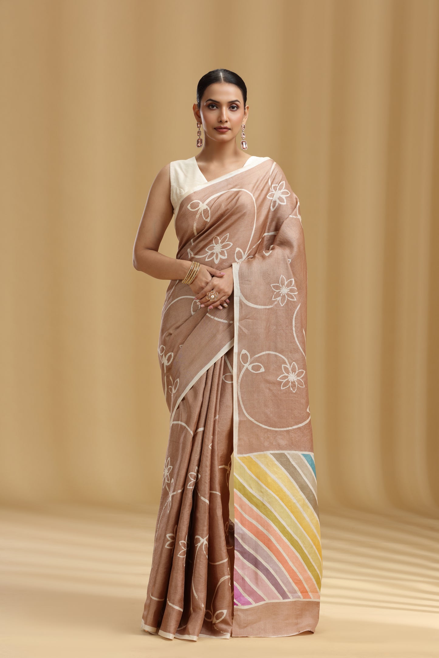 Light Brown Dola Silk Saree with Multicolour Leheriya Blouse (Unstitched)