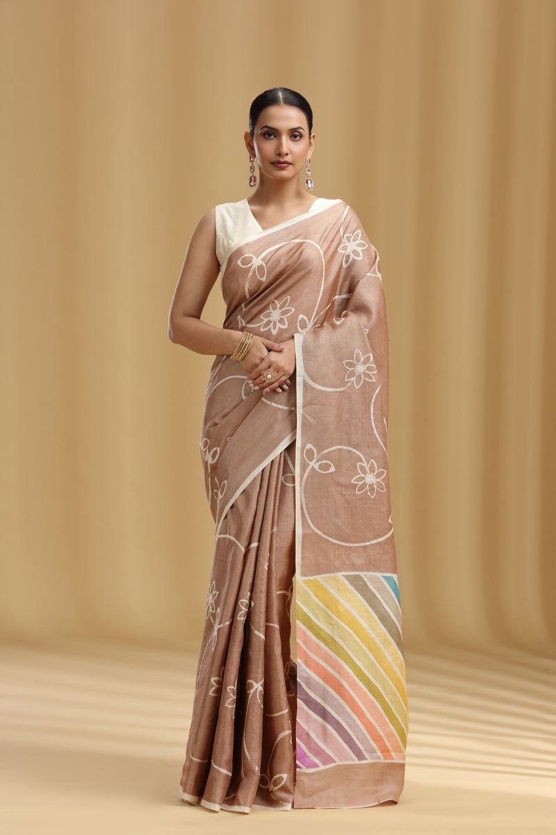 Light Brown Dola Silk Saree with Multicolour Leheriya Blouse (Unstitched)