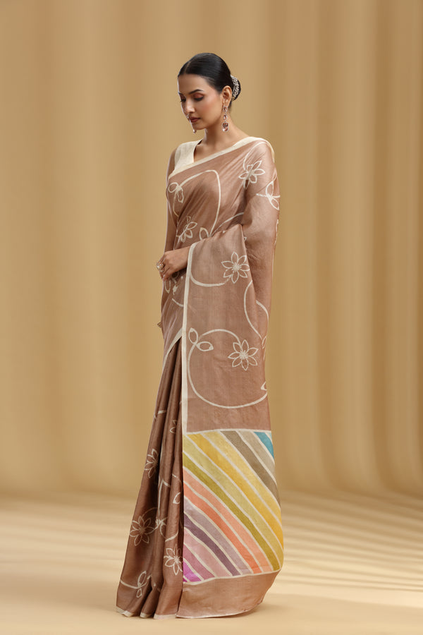 Light Brown Dola Silk Saree with Multicolour Leheriya Blouse (Unstitched)