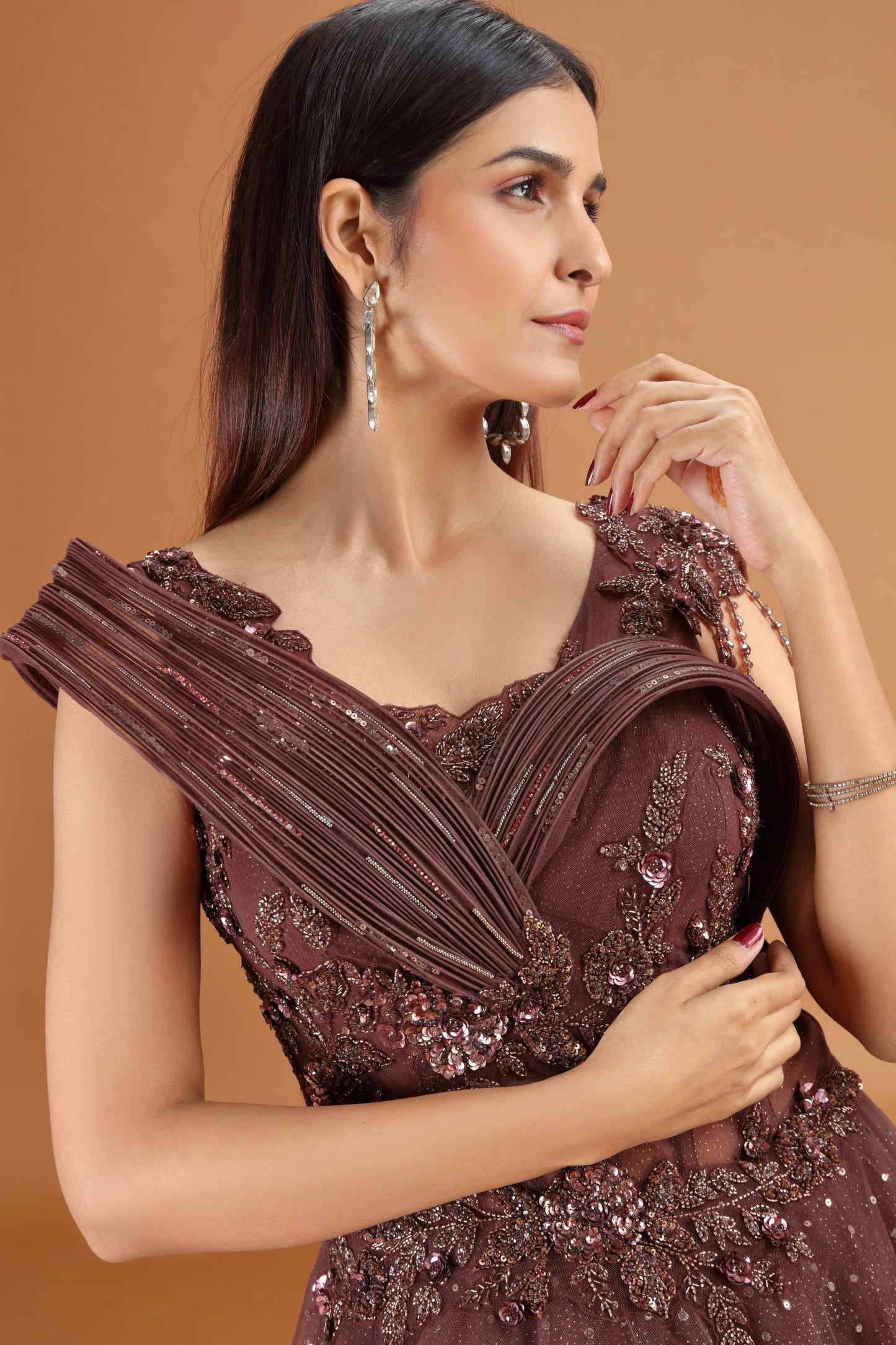 Brown Net Gown with Sequins, Cutdana & Stone Embellishments