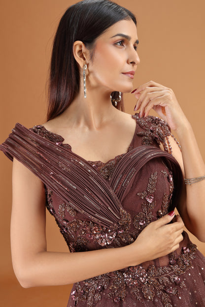 Brown Net Gown with Sequins, Cutdana & Stone Embellishments