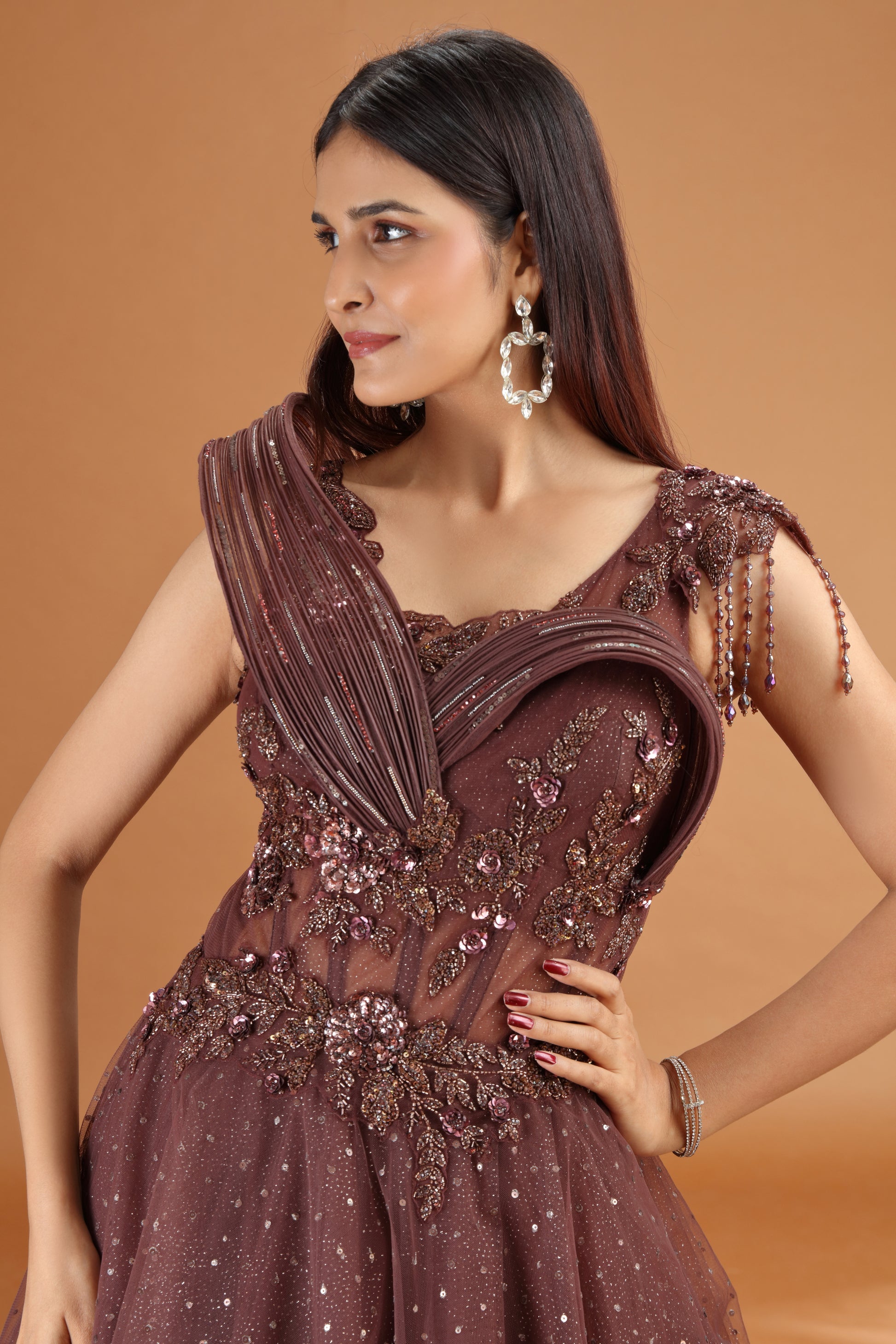 Buy Brown Net Gown with Sequins, Cutdana & Stones Buy Brown Net Gown with Sequins, Cutdana & Stones