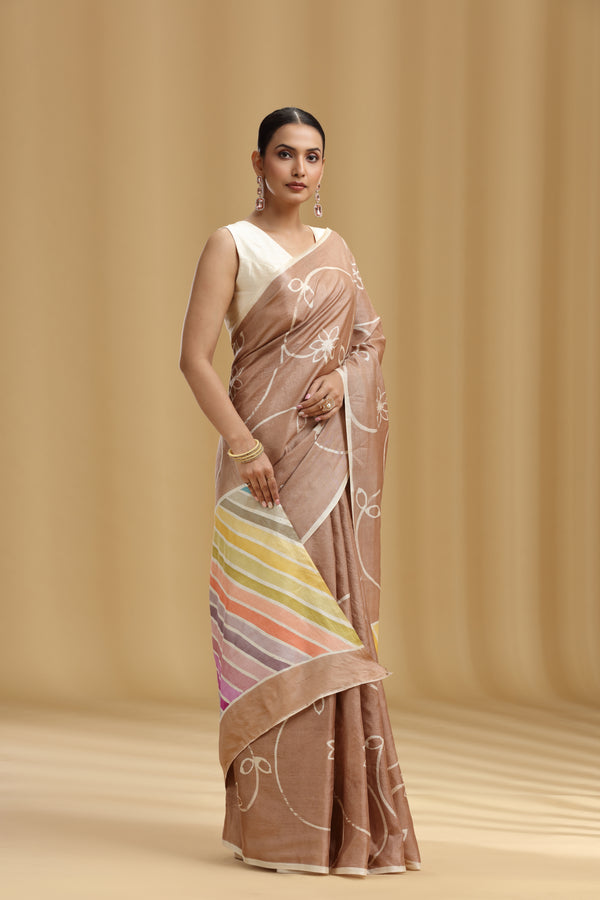 Light Brown Dola Silk Saree with Multicolour Leheriya Blouse (Unstitched)