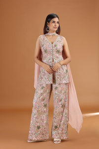 Onion Pink Georgette Suit Set with Mirror, Moti & Resham Work