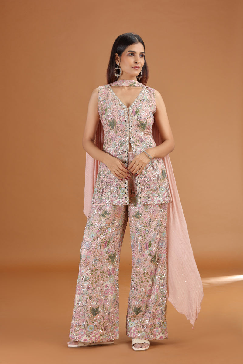 Onion Pink Georgette Suit Set with Mirror, Moti & Resham Work