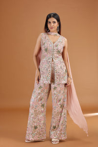 Onion Pink Georgette Suit Set with Mirror, Moti & Resham Work