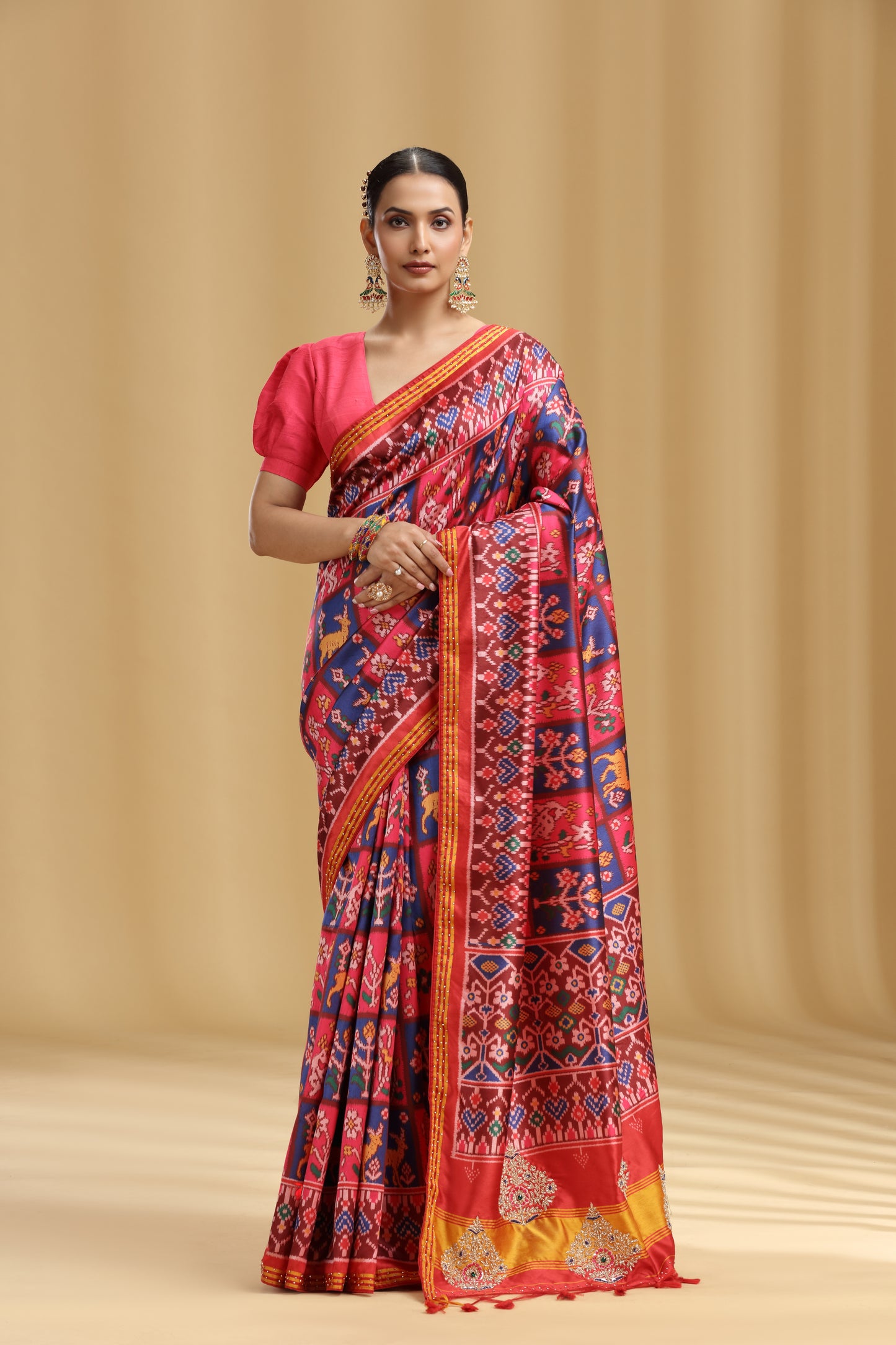 Multi-Coloured Chanderi Saree with Sequins, French Knots & Stone Work (Unstitched)