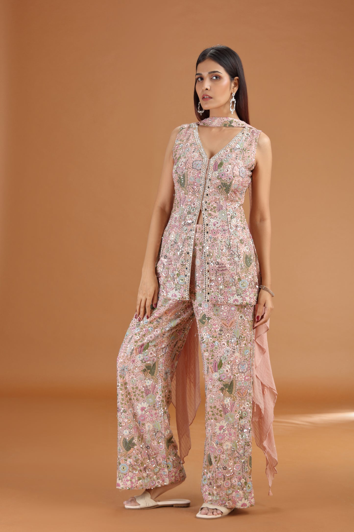 Onion Pink Georgette Suit Set with Mirror, Moti & Resham Work