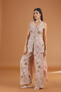 Onion Pink Georgette Suit Set with Mirror, Moti & Resham Work