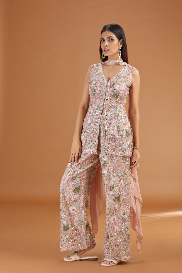 Onion Pink Georgette Suit Set with Mirror, Moti & Resham Work