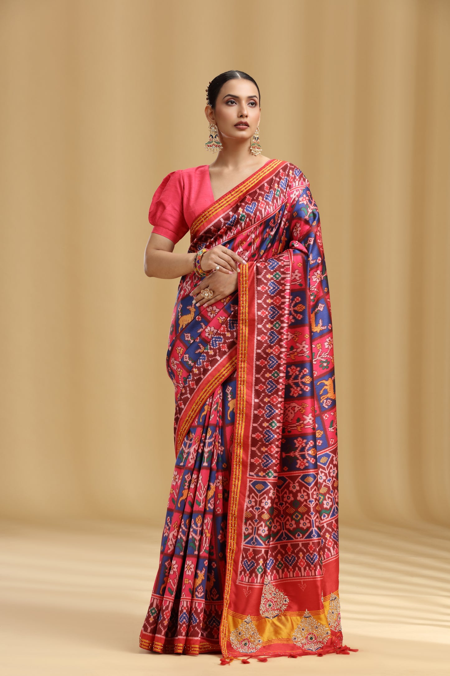 Multi-Coloured Chanderi Saree with Sequins, French Knots & Stone Work (Unstitched)