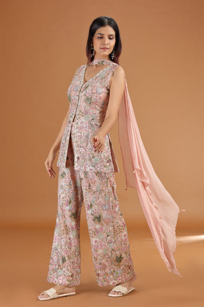 Onion Pink Georgette Suit Set with Mirror, Moti & Resham Work