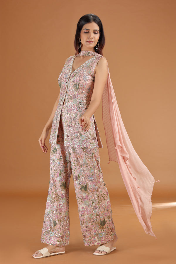 Onion Pink Georgette Suit Set with Mirror, Moti & Resham Work