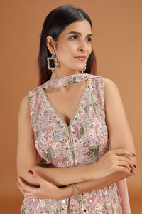 Onion Pink Georgette Suit Set with Mirror, Moti & Resham Work