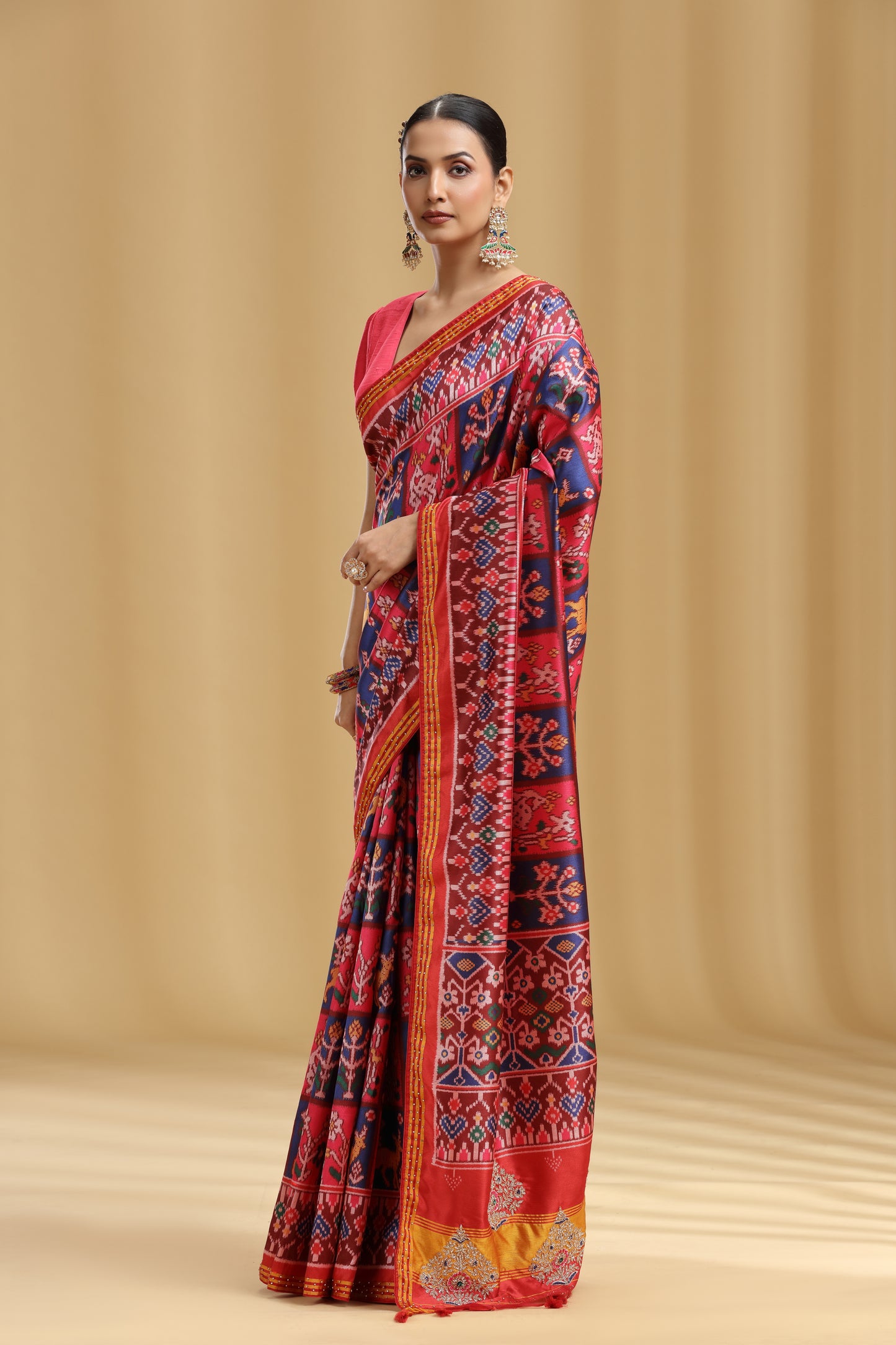 Multi-Coloured Chanderi Saree with Sequins, French Knots & Stone Work (Unstitched)