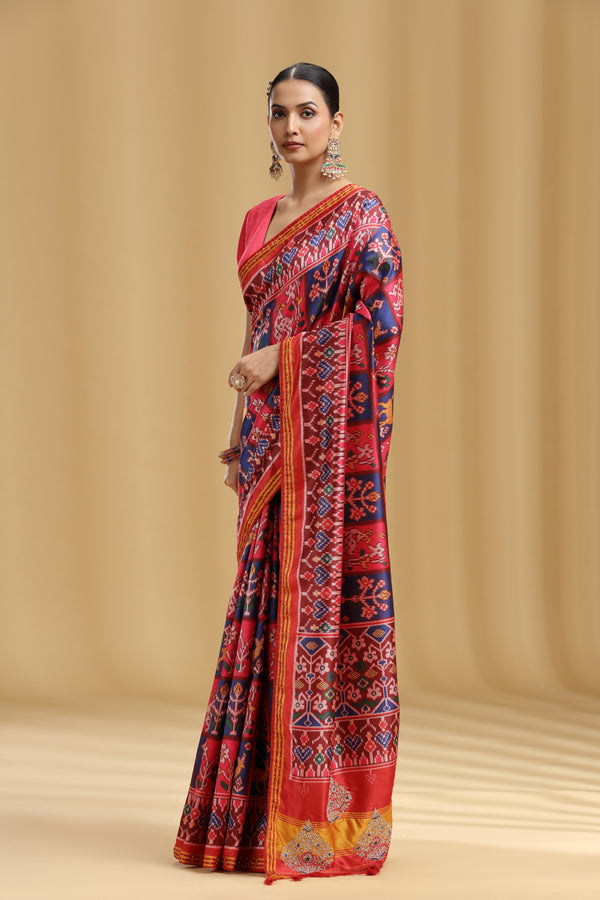 Multi-Coloured Chanderi Saree with Sequins, French Knots & Stone Work (Unstitched)