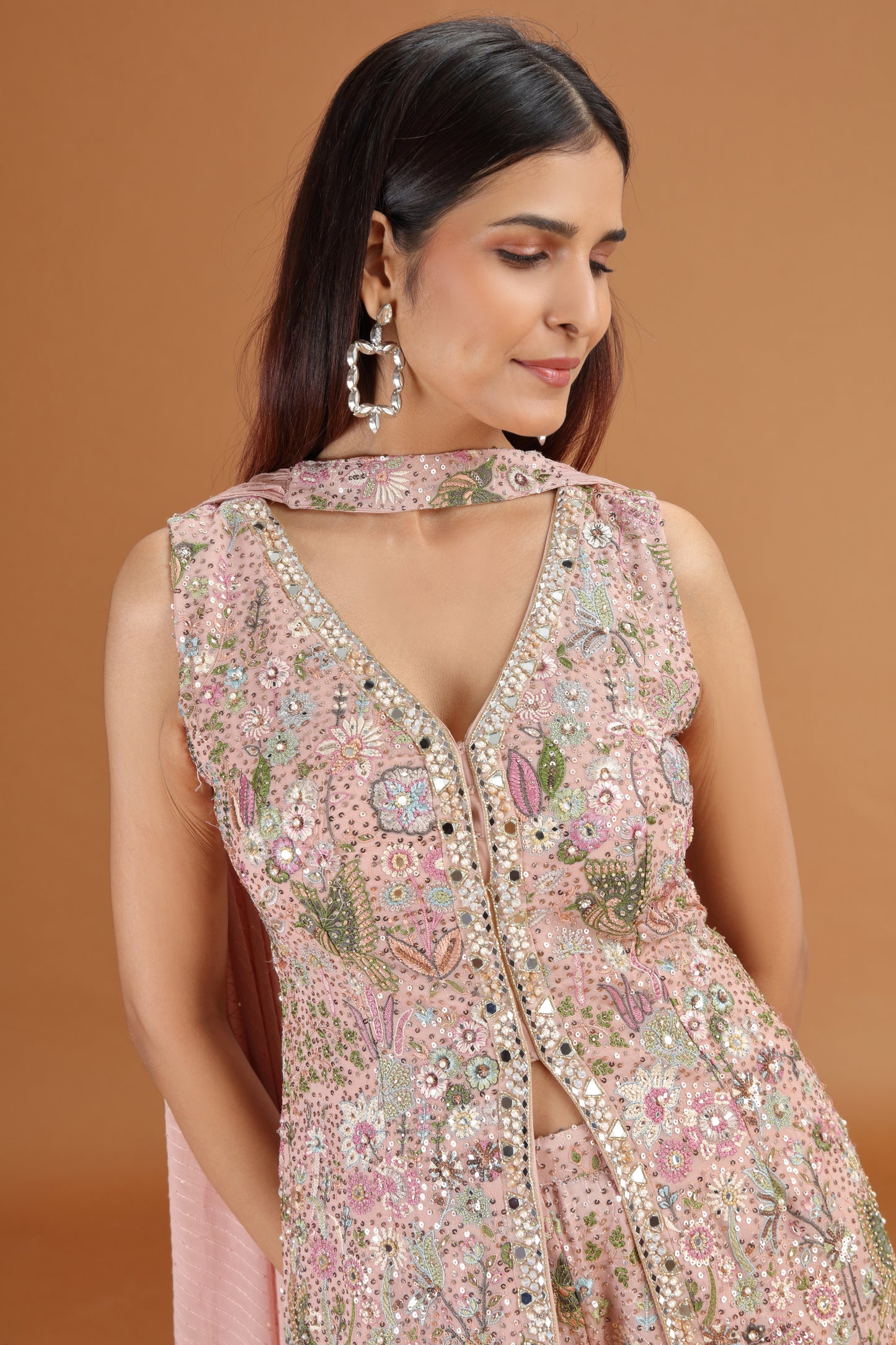 Onion Pink Georgette Suit Set with Mirror, Moti & Resham Work