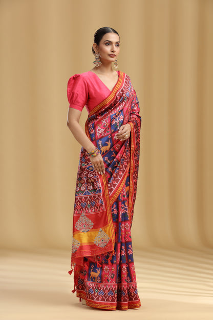 Multi-Coloured Chanderi Saree with Sequins, French Knots & Stone Work (Unstitched)