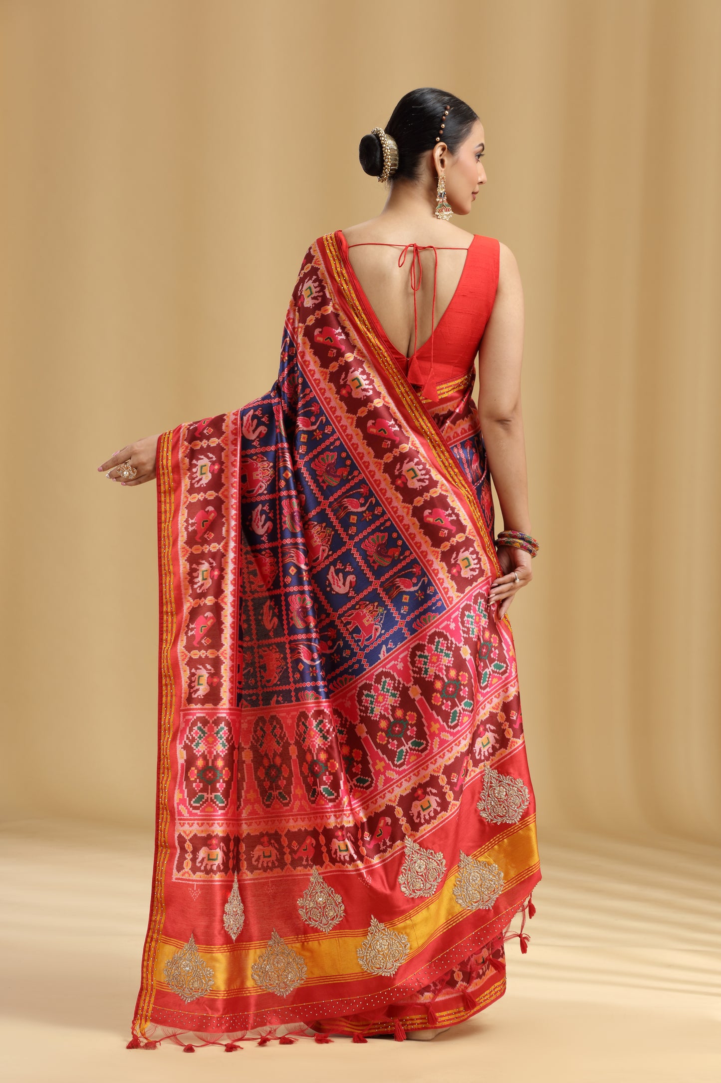 Red Patola Silk Saree with Weaving & Stone Work (Unstitched)