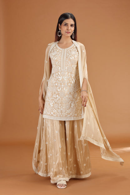 Beige Crepe Suit Set with Sequins, Thread & Cutdana Work