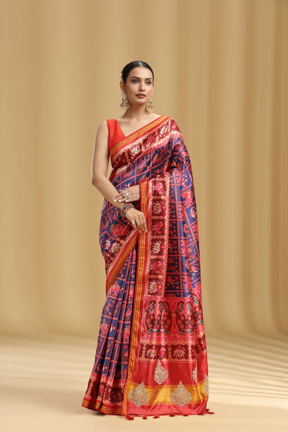Red Patola Silk Saree with Weaving & Stone Work (Unstitched)
