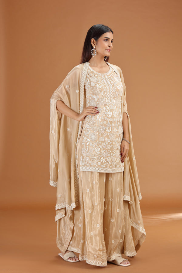 Beige Crepe Suit Set with Sequins, Thread & Cutdana Work