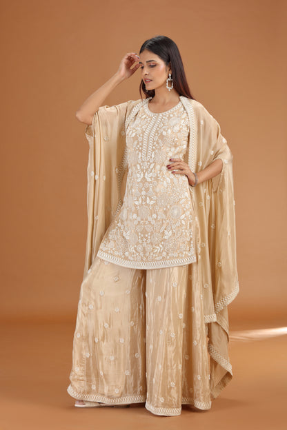 Beige Crepe Suit Set with Sequins, Thread & Cutdana Work