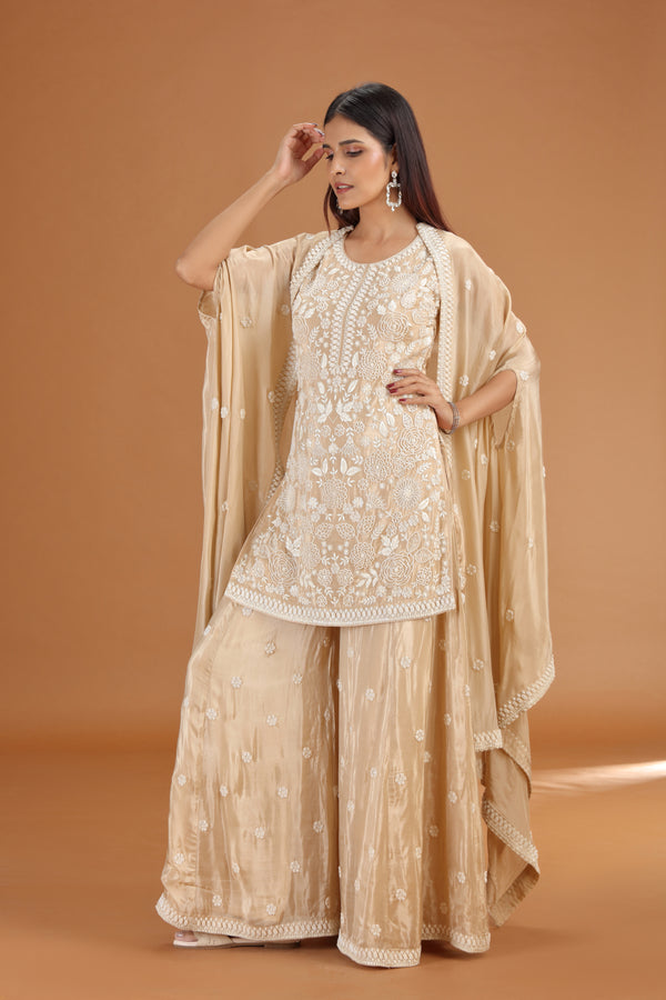 Beige Crepe Suit Set with Sequins, Thread & Cutdana Work