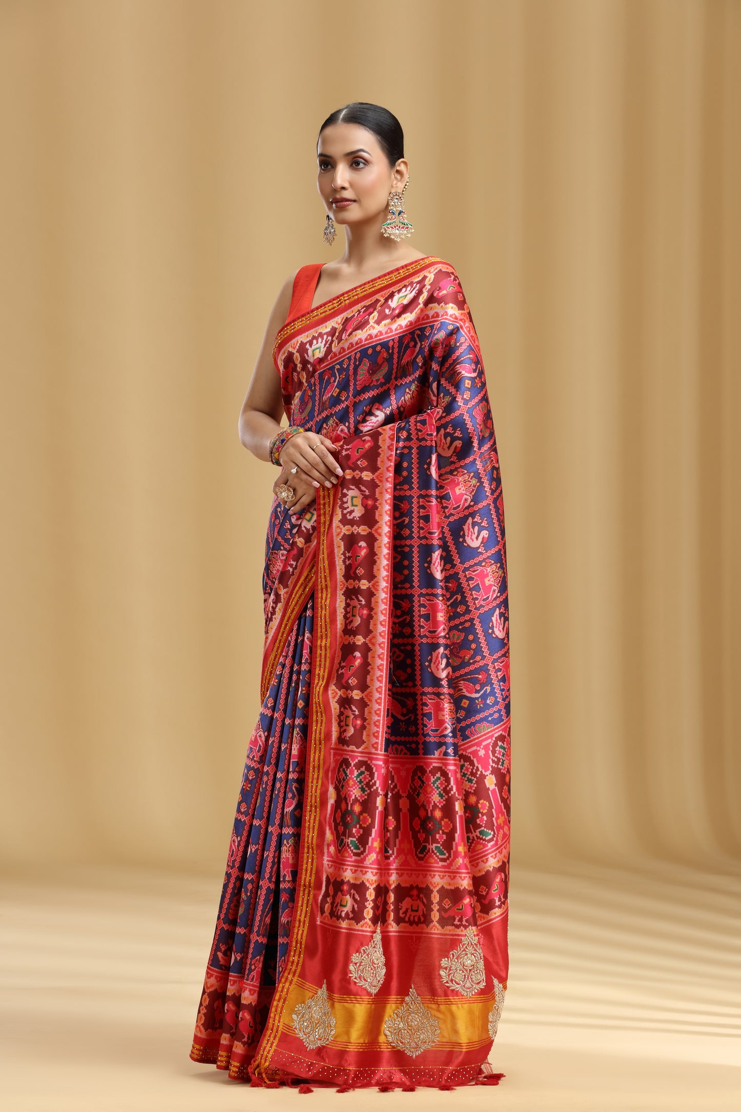Red Patola Silk Saree with Weaving & Stone Work (Unstitched)