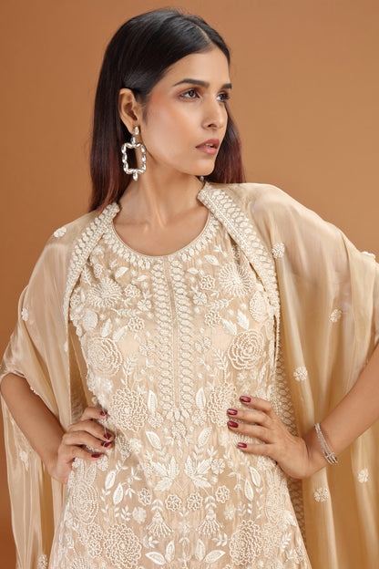 Beige Crepe Suit Set with Sequins, Thread & Cutdana Work