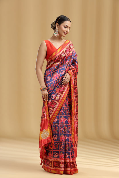 Red Patola Silk Saree with Weaving & Stone Work (Unstitched)