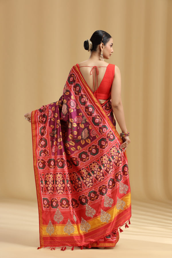 Purple Patola Silk Saree with Sequins & Stone Work (Unstitched)