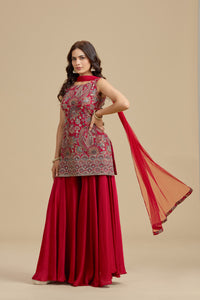Red Crepe Suit Set with Sequins, Thread Work & Zari Embroidery
